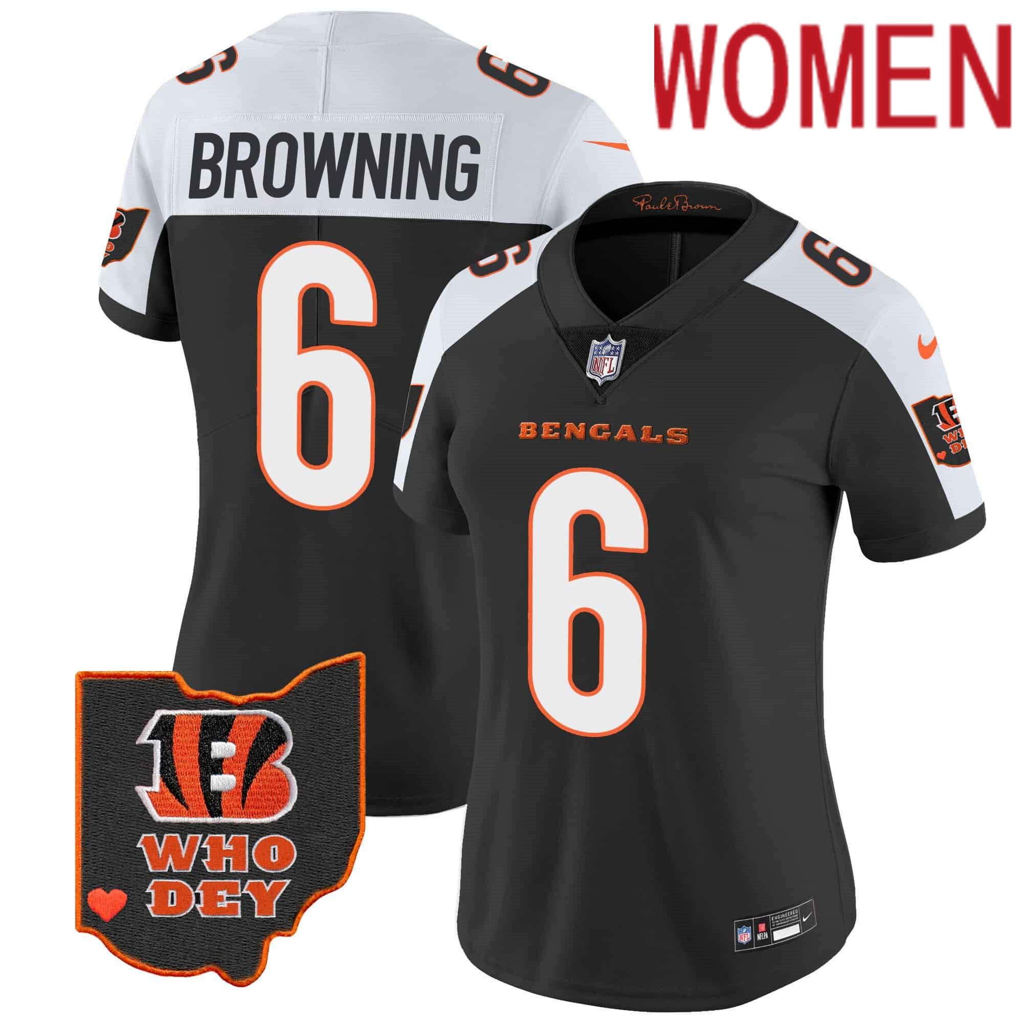 Women Cincinnati Bengals #6 Browning Black 2024 Nike Patch Vapor Limited NFL Jersey->women nfl jersey->Women Jersey